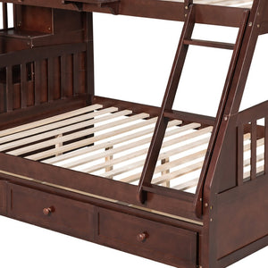 HomeRoots Espresso Twin Over Full Wood Bunk Bed with Stairs, Safety Guardrails & Storage for Smart Spaces 596437