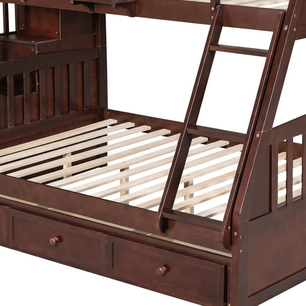 HomeRoots Espresso Twin Over Full Wood Bunk Bed with Stairs, Safety Guardrails & Storage for Smart Spaces 596437