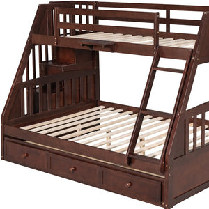HomeRoots Espresso Twin Over Full Wood Bunk Bed with Stairs, Safety Guardrails & Storage for Smart Spaces 596437
