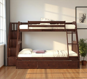 HomeRoots Espresso Twin Over Full Wood Bunk Bed with Stairs, Safety Guardrails & Storage for Smart Spaces 596437
