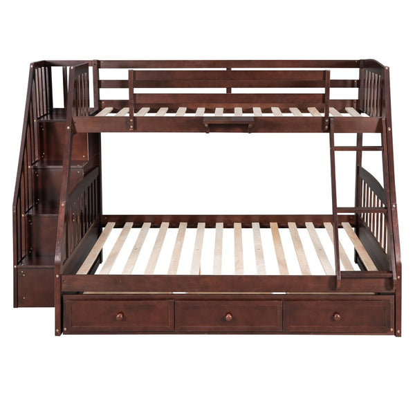 HomeRoots Espresso Twin Over Full Wood Bunk Bed with Stairs, Safety Guardrails & Storage for Smart Spaces 596437