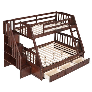 HomeRoots Espresso Twin Over Full Wood Bunk Bed with Stairs, Safety Guardrails & Storage for Smart Spaces 596437