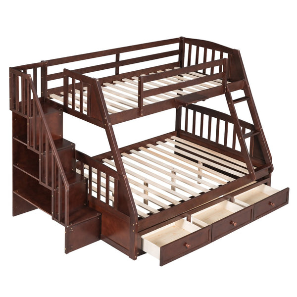HomeRoots Espresso Twin Over Full Wood Bunk Bed with Stairs, Safety Guardrails & Storage for Smart Spaces 596437