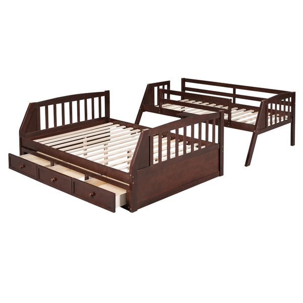HomeRoots Espresso Twin Over Full Wood Bunk Bed with Stairs, Safety Guardrails & Storage for Smart Spaces 596437
