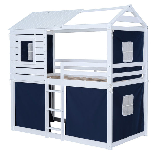 HomeRoots Blue Twin Over Twin Wooden Bunk Bed for Dollhouse - Charming, Space-Saving, and Versatile Design! 596438