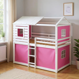 HomeRoots White Twin Over Twin Dollhouse Bunk Bed - Charming, Space-Saving Design with Safety Features Included! 596439