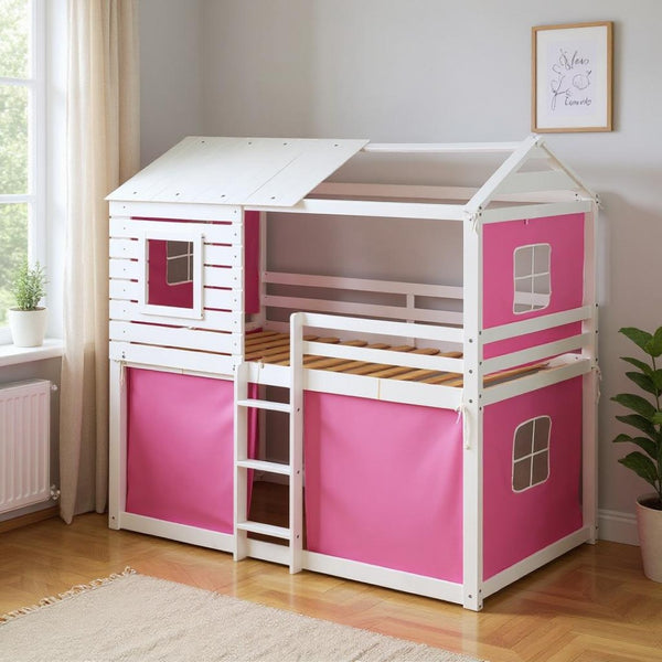 HomeRoots White Twin Over Twin Dollhouse Bunk Bed - Charming, Space-Saving Design with Safety Features Included! 596439
