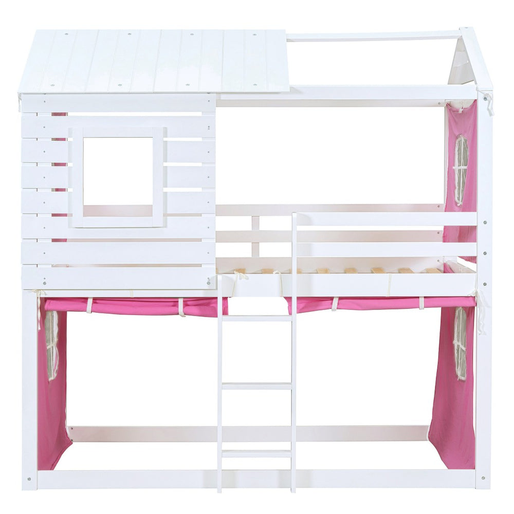 HomeRoots White Twin Over Twin Dollhouse Bunk Bed - Charming, Space-Saving Design with Safety Features Included! 596439