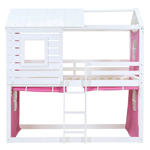 HomeRoots White Twin Over Twin Dollhouse Bunk Bed - Charming, Space-Saving Design with Safety Features Included! 596439