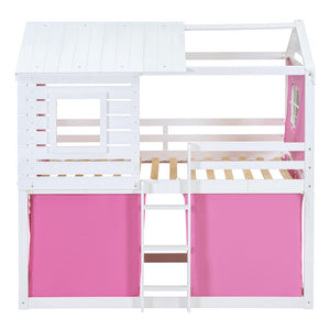 HomeRoots White Twin Over Twin Dollhouse Bunk Bed - Charming, Space-Saving Design with Safety Features Included! 596439