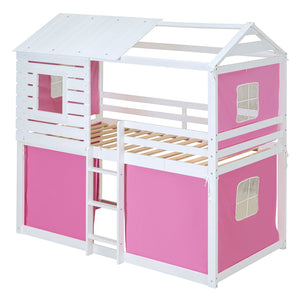 HomeRoots White Twin Over Twin Dollhouse Bunk Bed - Charming, Space-Saving Design with Safety Features Included! 596439