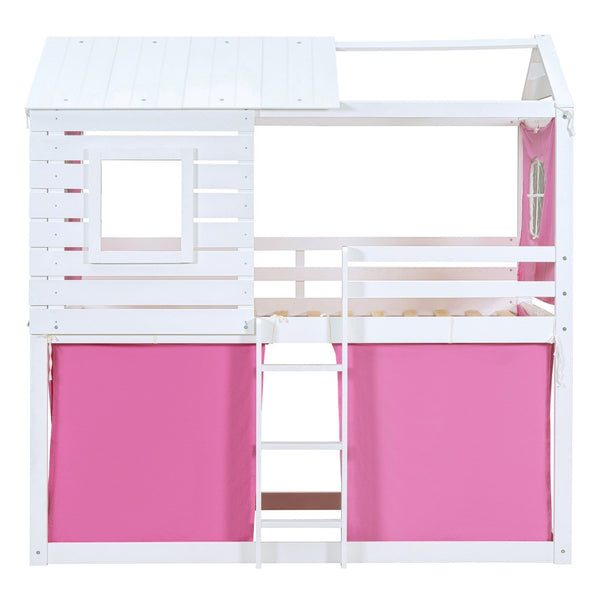 HomeRoots White Twin Over Twin Dollhouse Bunk Bed - Charming, Space-Saving Design with Safety Features Included! 596439