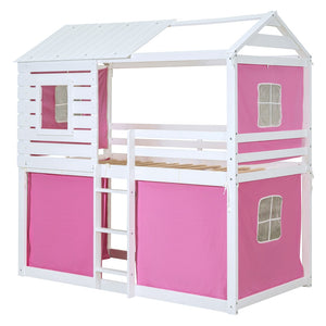 HomeRoots White Twin Over Twin Dollhouse Bunk Bed - Charming, Space-Saving Design with Safety Features Included! 596439