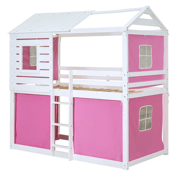 HomeRoots White Twin Over Twin Dollhouse Bunk Bed - Charming, Space-Saving Design with Safety Features Included! 596439