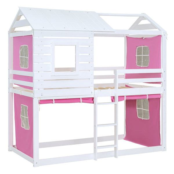 HomeRoots White Twin Over Twin Dollhouse Bunk Bed - Charming, Space-Saving Design with Safety Features Included! 596439