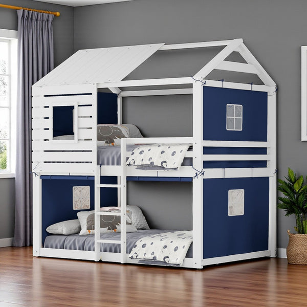 HomeRoots Blue Full Over Full Dollhouse Bunk Bed - Charming Wooden Design for Space-Saving Kids’ Rooms! 596440