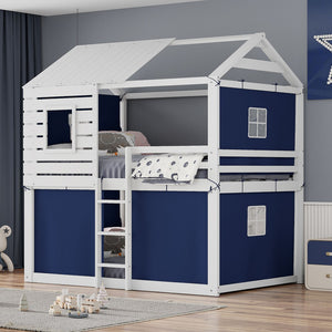 HomeRoots Blue Full Over Full Dollhouse Bunk Bed - Charming Wooden Design for Space-Saving Kids’ Rooms! 596440