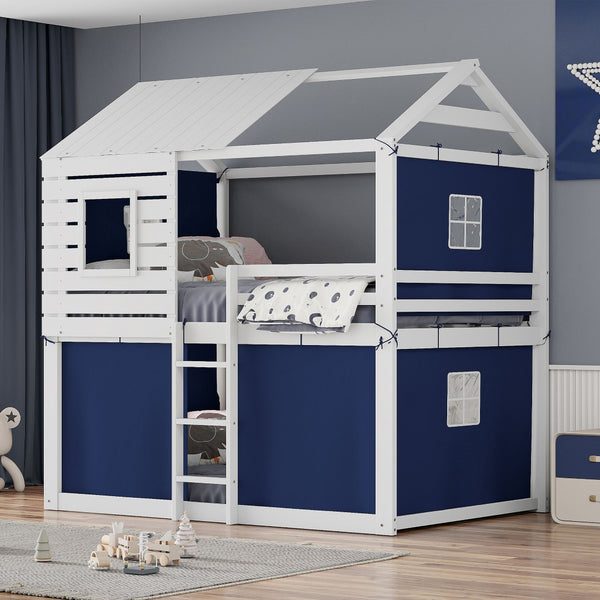 HomeRoots Blue Full Over Full Dollhouse Bunk Bed - Charming Wooden Design for Space-Saving Kids’ Rooms! 596440
