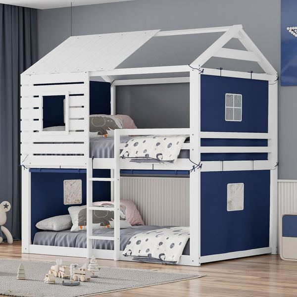HomeRoots Blue Full Over Full Dollhouse Bunk Bed - Charming Wooden Design for Space-Saving Kids’ Rooms! 596440