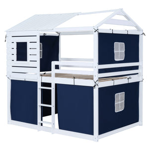 HomeRoots Blue Full Over Full Dollhouse Bunk Bed - Charming Wooden Design for Space-Saving Kids’ Rooms! 596440