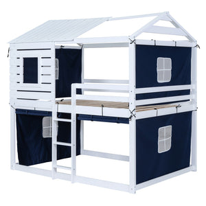 HomeRoots Blue Full Over Full Dollhouse Bunk Bed - Charming Wooden Design for Space-Saving Kids’ Rooms! 596440