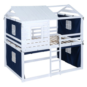 HomeRoots Blue Full Over Full Dollhouse Bunk Bed - Charming Wooden Design for Space-Saving Kids’ Rooms! 596440