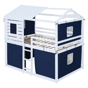 HomeRoots Blue Full Over Full Dollhouse Bunk Bed - Charming Wooden Design for Space-Saving Kids’ Rooms! 596440