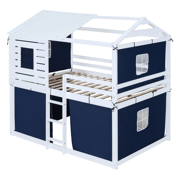 HomeRoots Blue Full Over Full Dollhouse Bunk Bed - Charming Wooden Design for Space-Saving Kids’ Rooms! 596440
