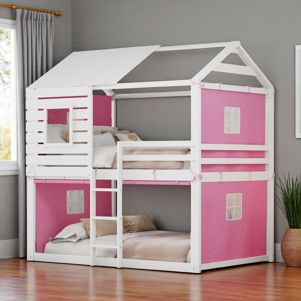 HomeRoots White Full Over Full Dollhouse-Style Wood Bunk Bed - Charming, Space-Saving Design for Kids' Rooms 596441