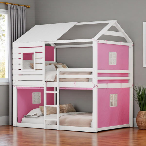 HomeRoots White Full Over Full Dollhouse-Style Wood Bunk Bed - Charming, Space-Saving Design for Kids' Rooms 596441