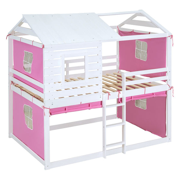 HomeRoots White Full Over Full Dollhouse-Style Wood Bunk Bed - Charming, Space-Saving Design for Kids' Rooms 596441