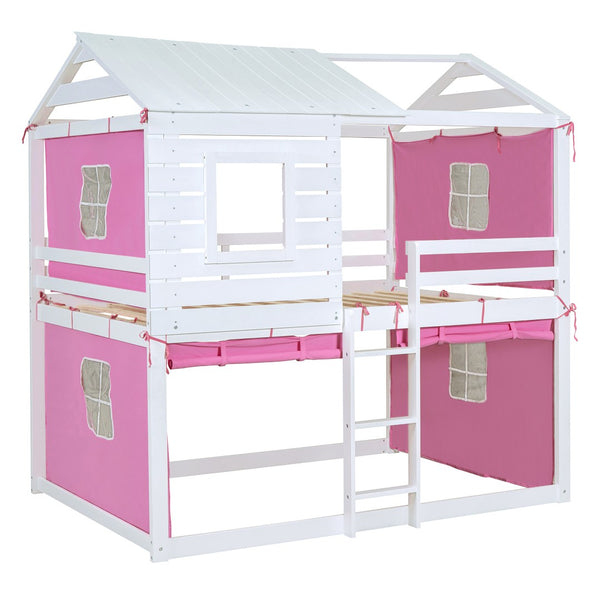 HomeRoots White Full Over Full Dollhouse-Style Wood Bunk Bed - Charming, Space-Saving Design for Kids' Rooms 596441