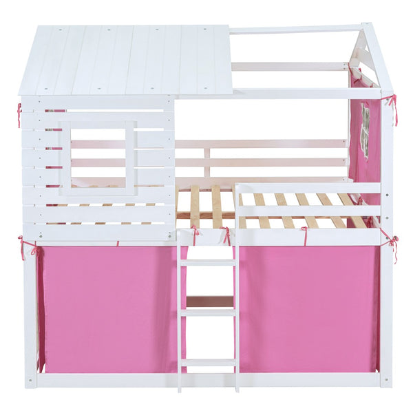 HomeRoots White Full Over Full Dollhouse-Style Wood Bunk Bed - Charming, Space-Saving Design for Kids' Rooms 596441