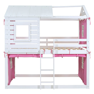 HomeRoots White Full Over Full Dollhouse-Style Wood Bunk Bed - Charming, Space-Saving Design for Kids' Rooms 596441