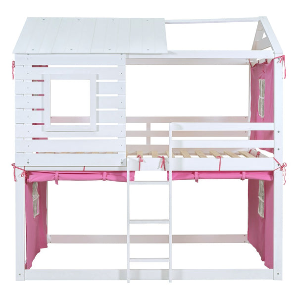 HomeRoots White Full Over Full Dollhouse-Style Wood Bunk Bed - Charming, Space-Saving Design for Kids' Rooms 596441