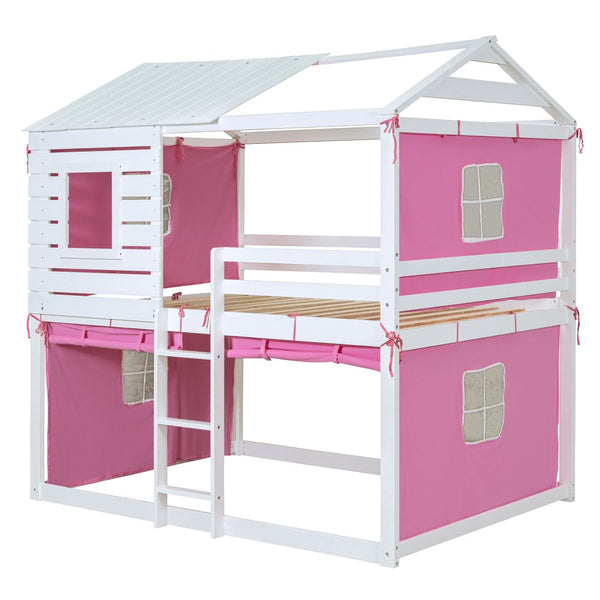 HomeRoots White Full Over Full Dollhouse-Style Wood Bunk Bed - Charming, Space-Saving Design for Kids' Rooms 596441