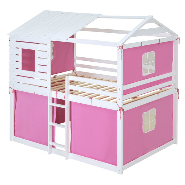 HomeRoots White Full Over Full Dollhouse-Style Wood Bunk Bed - Charming, Space-Saving Design for Kids' Rooms 596441