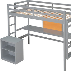HomeRoots Gray Four Poster Twin Loft Bed – Stylish Space-Saving Design with Desk & Storage for Small Rooms 596442