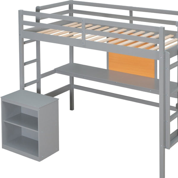 HomeRoots Gray Four Poster Twin Loft Bed – Stylish Space-Saving Design with Desk & Storage for Small Rooms 596442