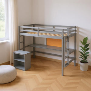 HomeRoots Gray Four Poster Twin Loft Bed – Stylish Space-Saving Design with Desk & Storage for Small Rooms 596442