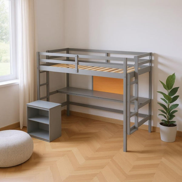 HomeRoots Gray Four Poster Twin Loft Bed – Stylish Space-Saving Design with Desk & Storage for Small Rooms 596442