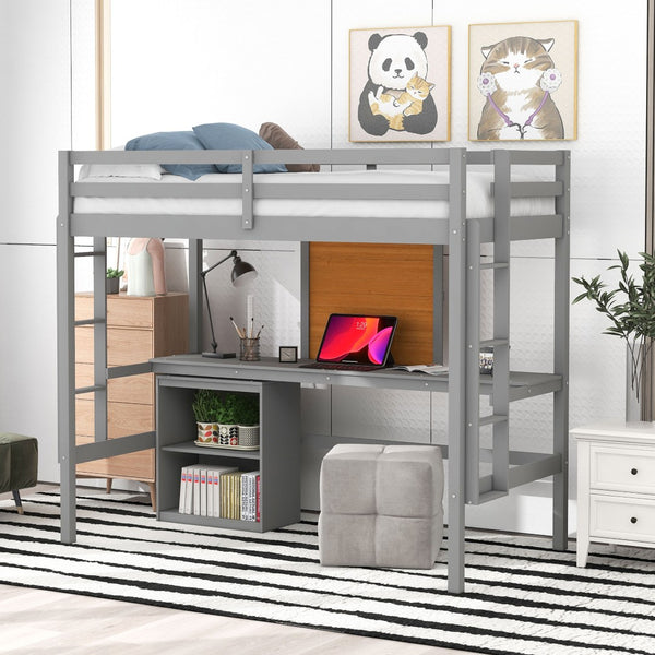 HomeRoots Gray Four Poster Twin Loft Bed – Stylish Space-Saving Design with Desk & Storage for Small Rooms 596442