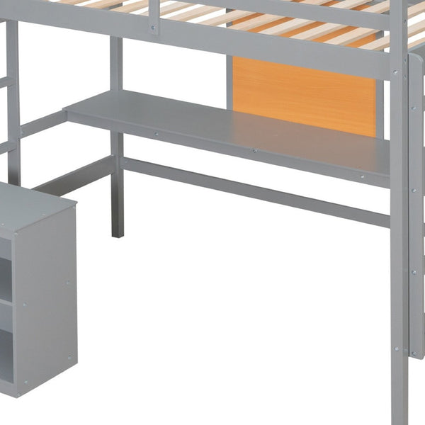 HomeRoots Gray Four Poster Twin Loft Bed – Stylish Space-Saving Design with Desk & Storage for Small Rooms 596442