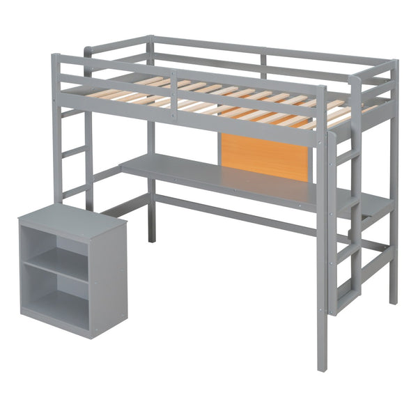 HomeRoots Gray Four Poster Twin Loft Bed – Stylish Space-Saving Design with Desk & Storage for Small Rooms 596442