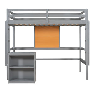 HomeRoots Gray Four Poster Twin Loft Bed – Stylish Space-Saving Design with Desk & Storage for Small Rooms 596442
