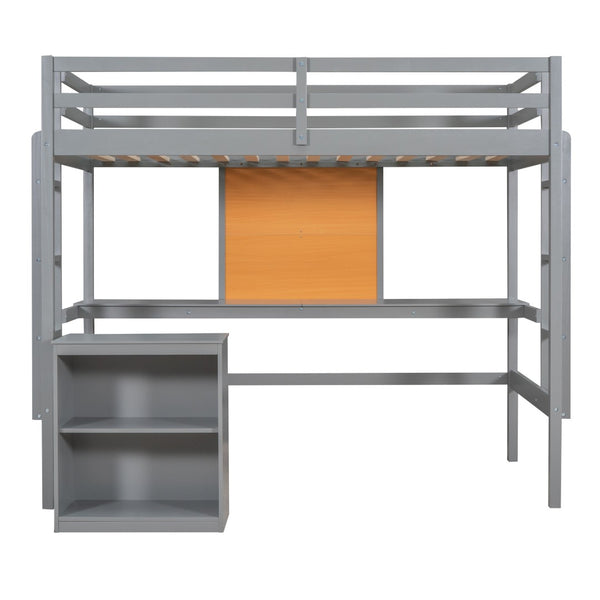 HomeRoots Gray Four Poster Twin Loft Bed – Stylish Space-Saving Design with Desk & Storage for Small Rooms 596442