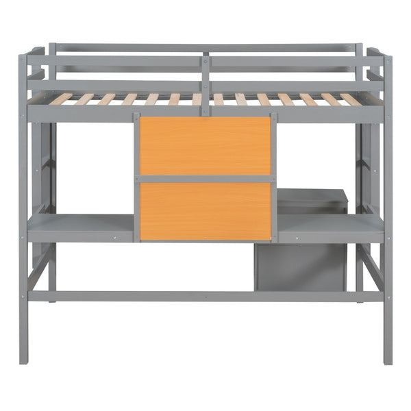 HomeRoots Gray Four Poster Twin Loft Bed – Stylish Space-Saving Design with Desk & Storage for Small Rooms 596442