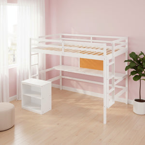 HomeRoots White Four Poster Twin Loft Bed with Integrated Desk & Shelves for Small Space Living Solutions 596443
