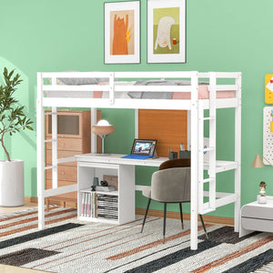 HomeRoots White Four Poster Twin Loft Bed with Integrated Desk & Shelves for Small Space Living Solutions 596443