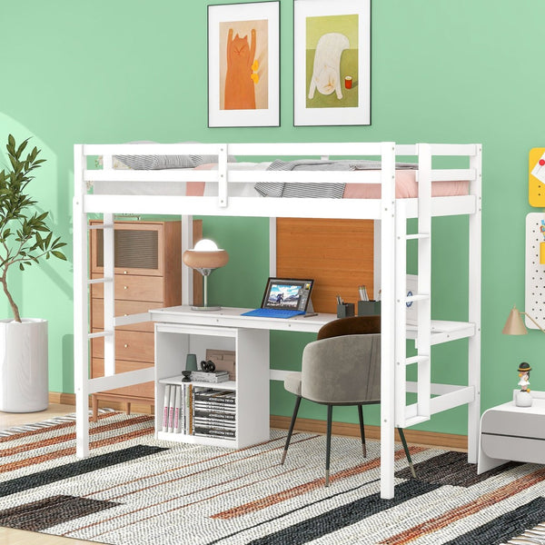 HomeRoots White Four Poster Twin Loft Bed with Integrated Desk & Shelves for Small Space Living Solutions 596443
